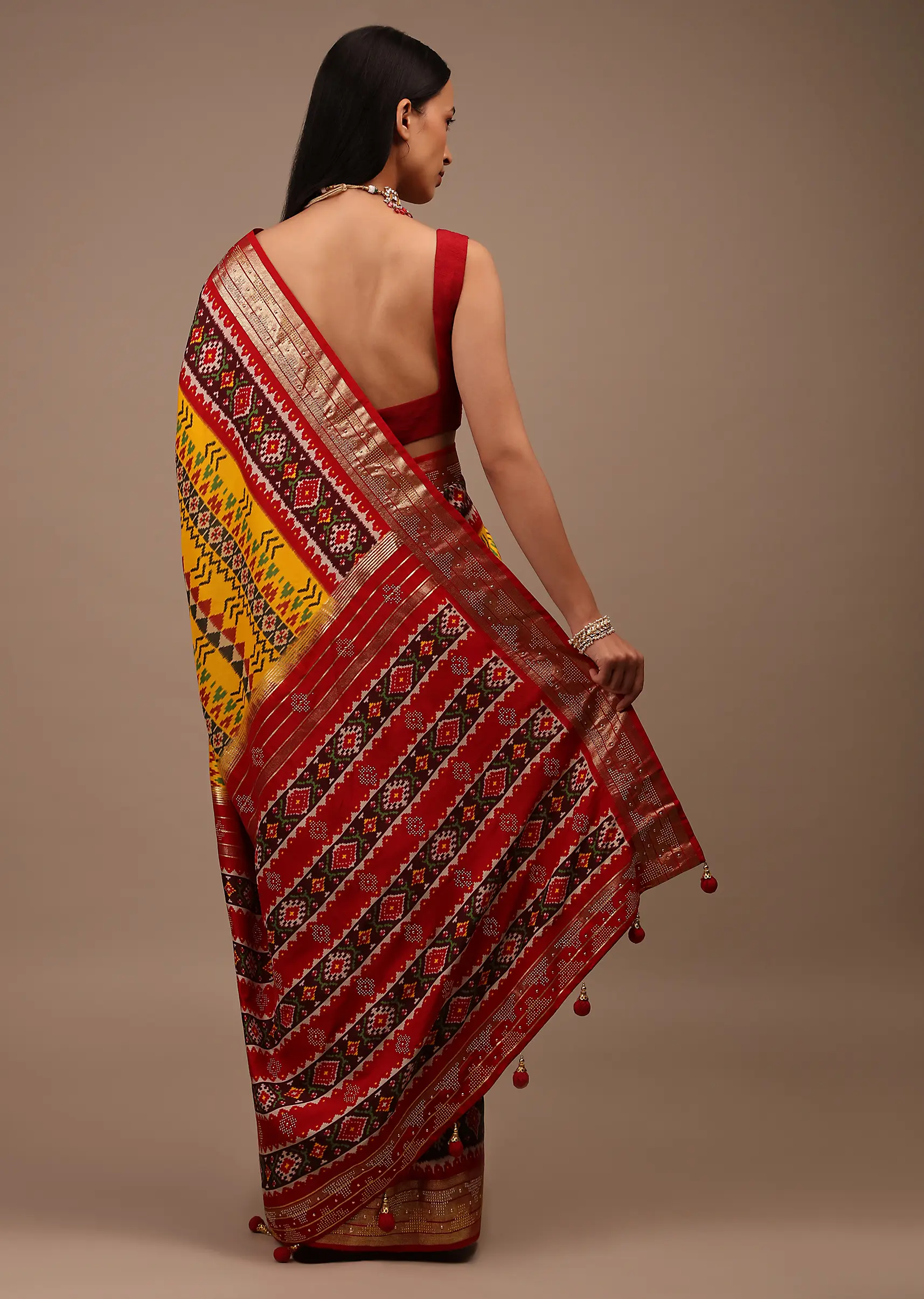 Chrome Yellow Saree In Silk With Multi Colored Patola And Foil Print And Contrasting Maroon Border - Image 4