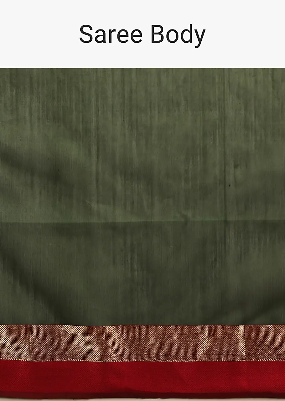 Cypress Green Saree In Tussar Silk With Gold And Red Woven Border And Striped Pallu Design - Image 6