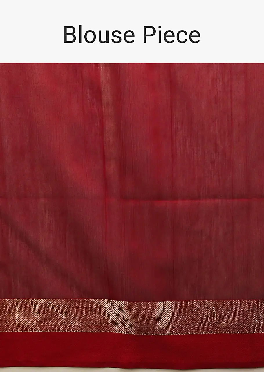 Cypress Green Saree In Tussar Silk With Gold And Red Woven Border And Striped Pallu Design - Image 5