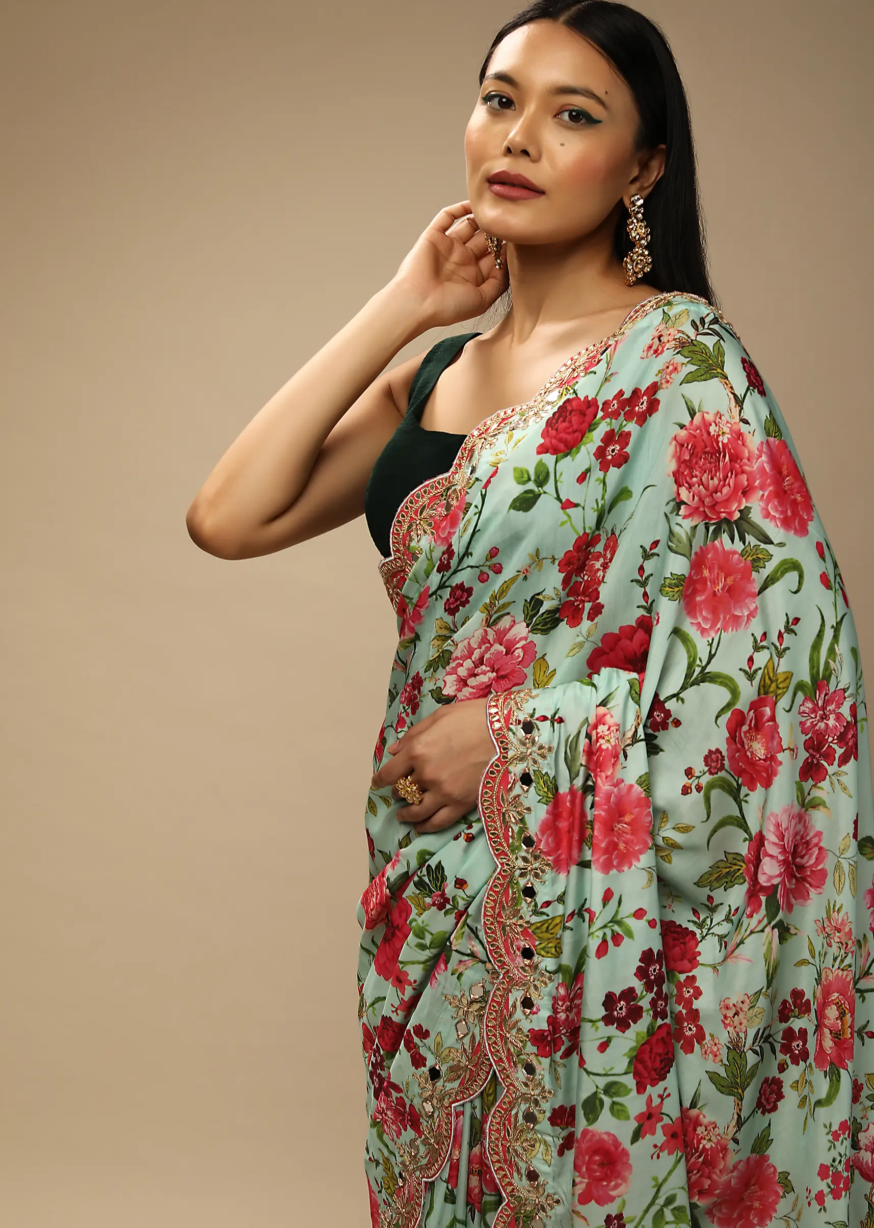 Mint Saree In Cotton Silk With Contrasting Floral Print And Gotta Embroidered Scallop Border - Image 3