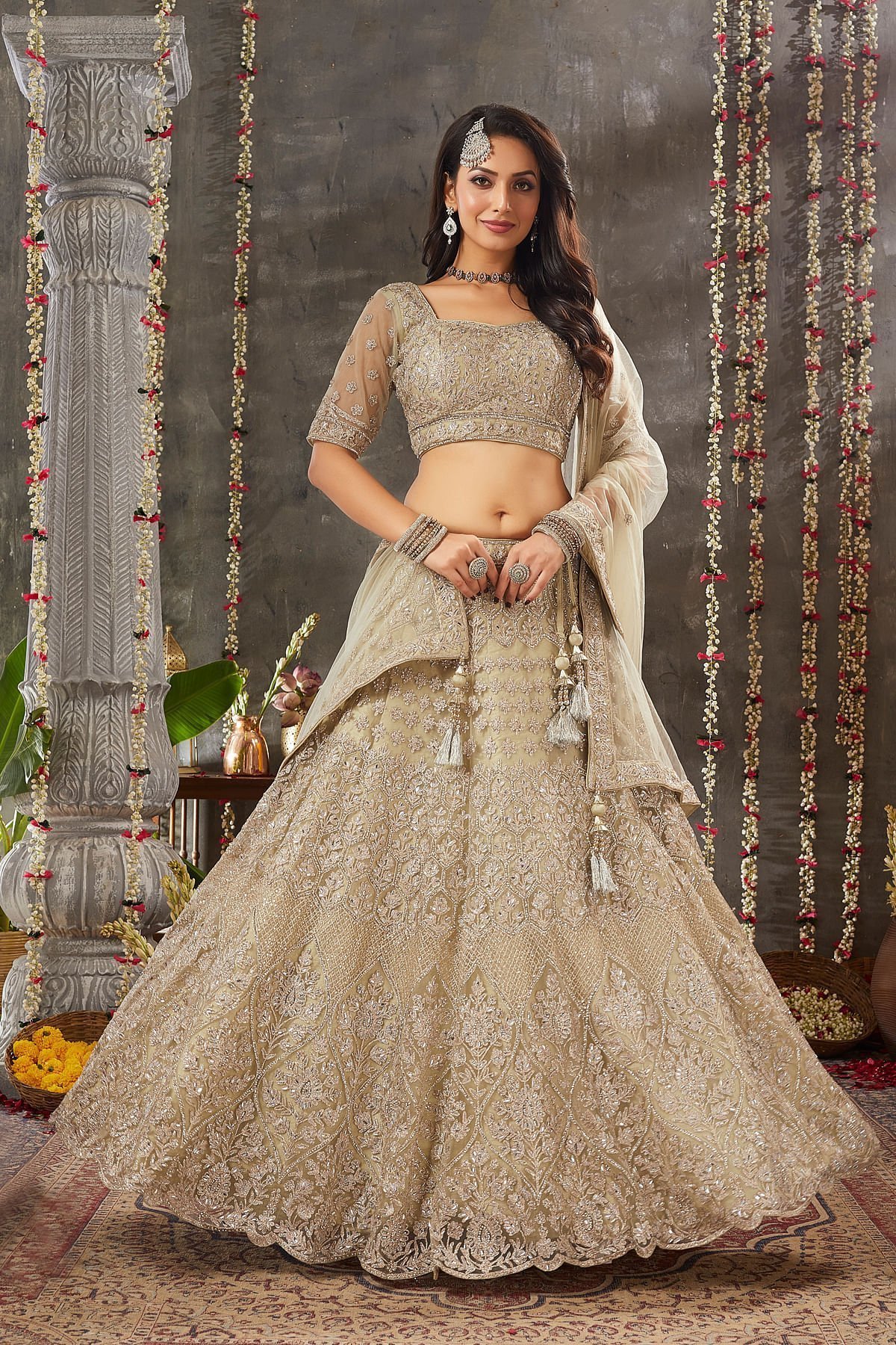 Asparagus Green Mirror Embroidered Net Bridesmaid Lehenga - Image 5