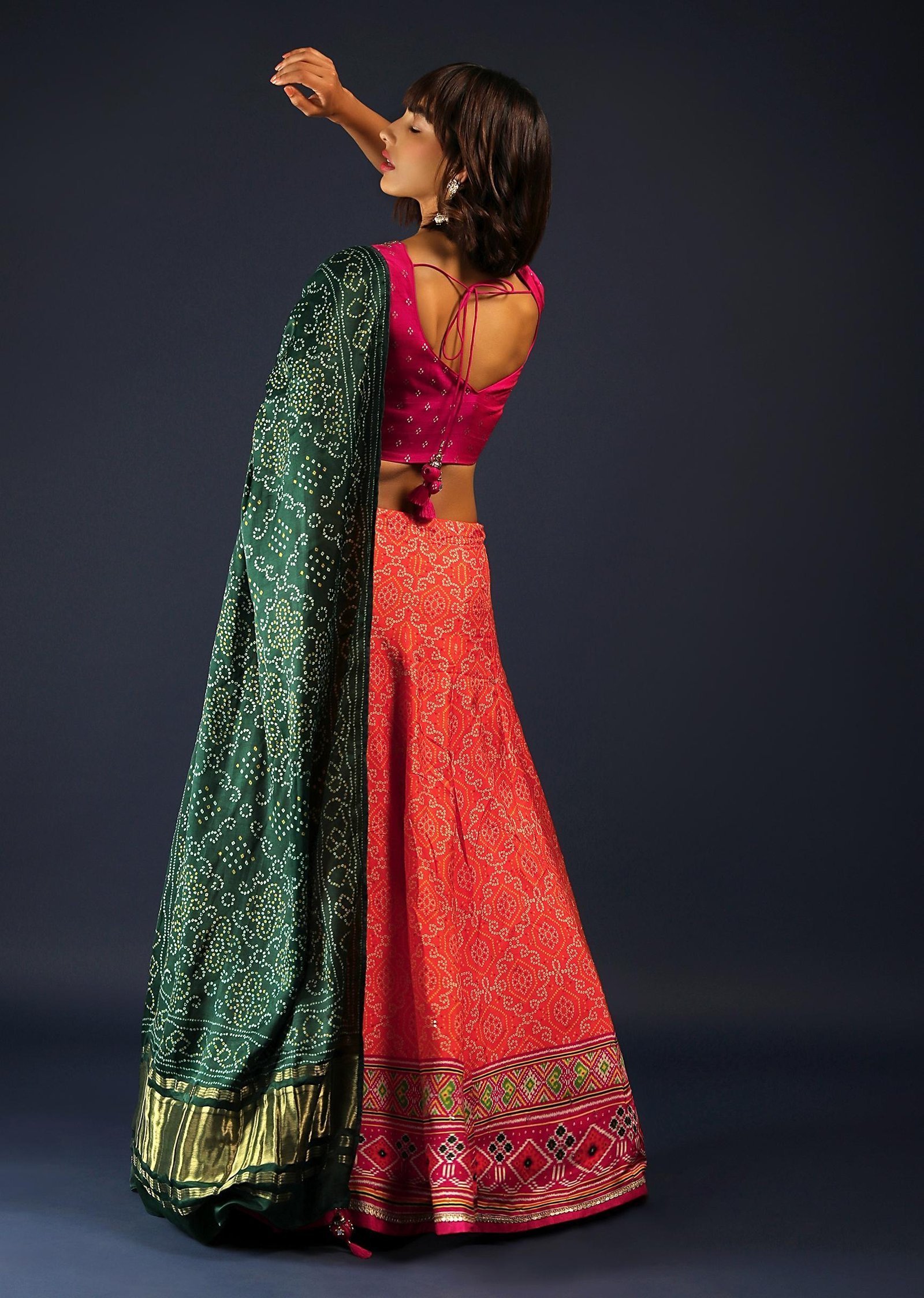 Tangerine Orange Lehenga In Bandhani Printed Silk With Rani Pink Choli And Green Bandhani Dupatta - Image 3